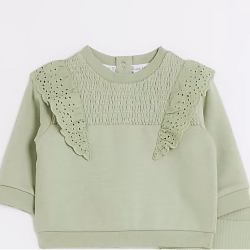 River island Baby Girls Khaki Frill Broidery Sweatshirt 9-12 months